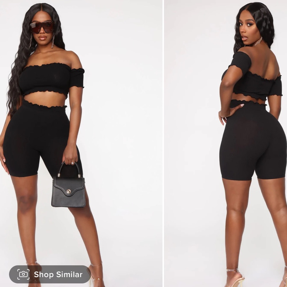 Biker short set with crop top off shoulder